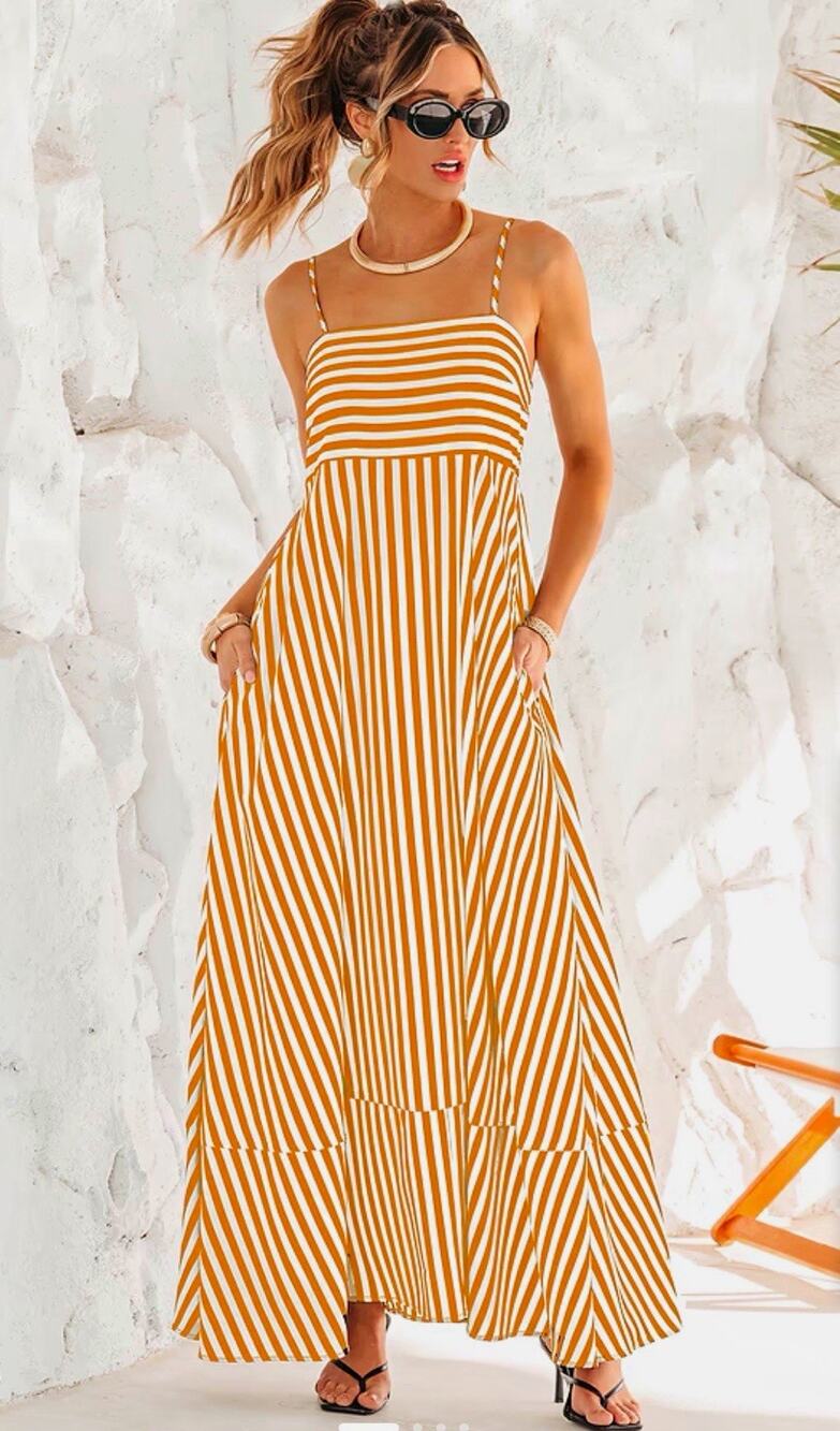 CUPSHE Orange White Striped Smocked Square Neck Strappy Maxi Sundress M